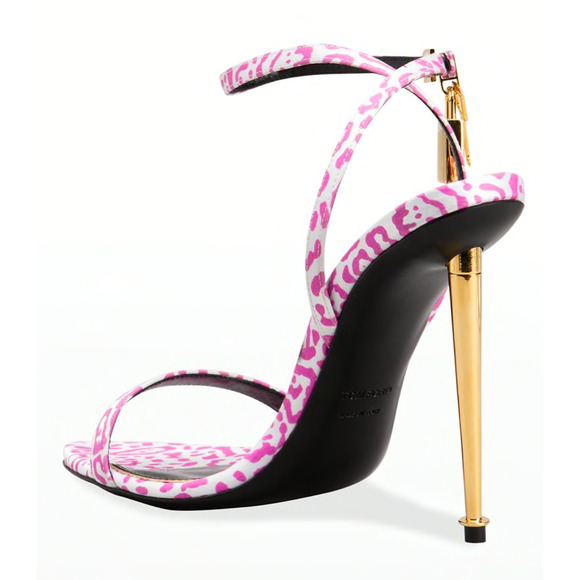 Tom Ford Padlock Pink White Animal Print Lock Ankle Strap Sandal Heel Pump 37.5 - Picture 8 of 12